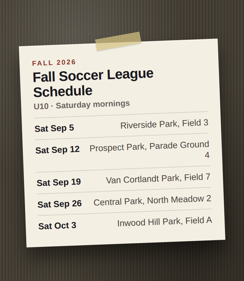 Photo of a Fall Soccer League Schedule flyer