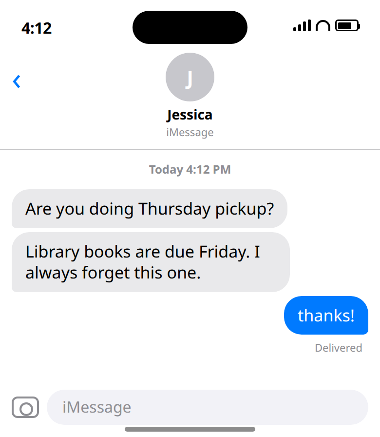 Screenshot of a text from Jessica about library books